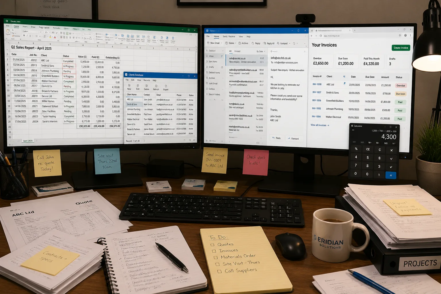 A busy desk with spreadsheets, emails, notes, invoices, and paperwork spread across multiple systems